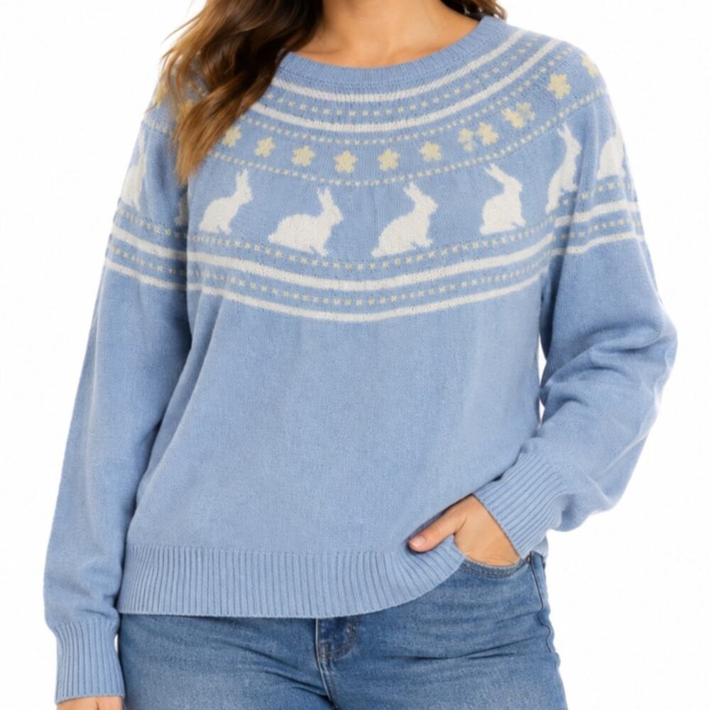Vince Camuto Bunny Rabbit Fair Isle Sweater Womens XL Blue 100% Cotton Knit